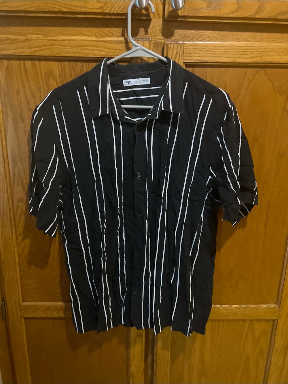 Zara Denim Wear Viscose Short Sleeve Button Up Striped Shirt